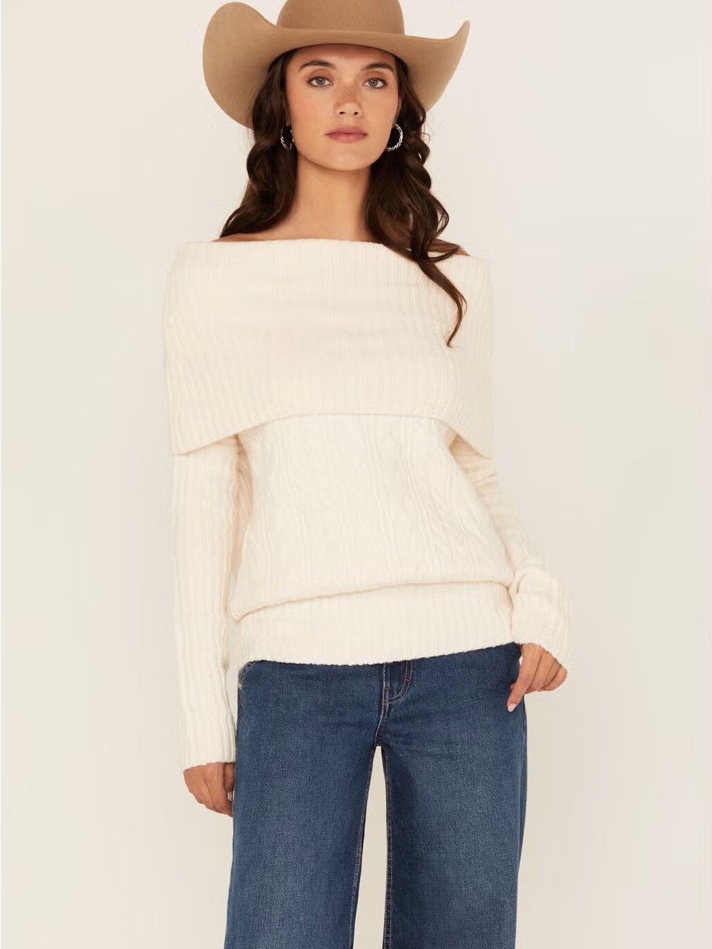 Shyanne Cream Off-the-Shoulder Foldover Cable Sweater